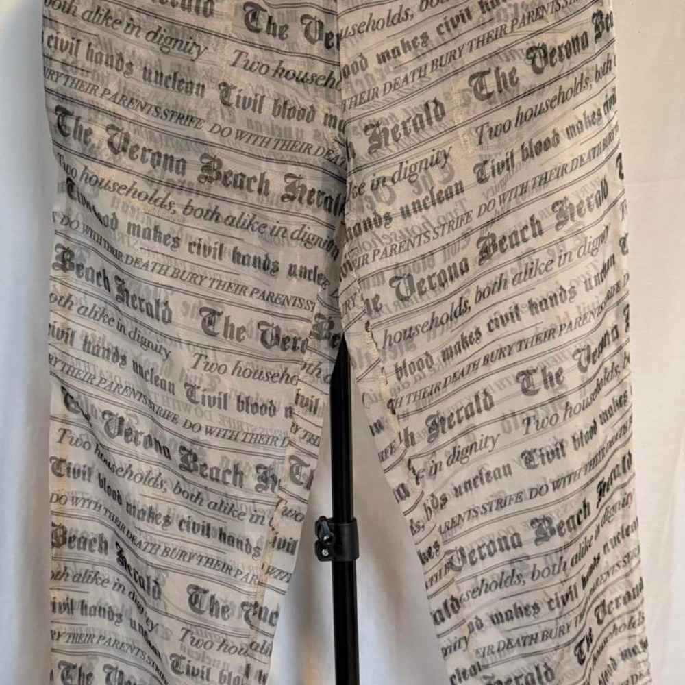 Y2k Romeo Juliet Newspaper Print Mesh Pants Verona Beach Herold Sheer Trousers